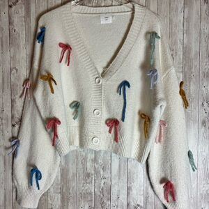 Luna Ivy 3-D Bow Coquette Cream Cardigan Sweater